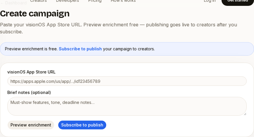 VisionLabs campaign builder with App Store URL field