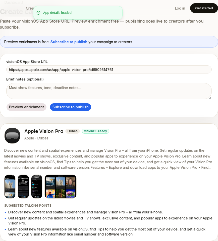 Enriched Apple Vision Pro app preview card with talking points